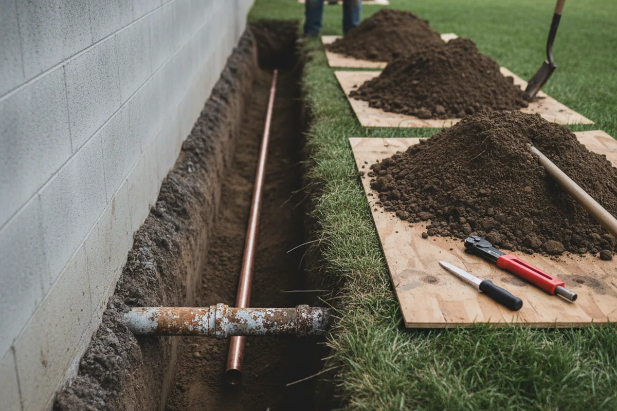 Excavated water line trench during Sewer Line Repair in West Barnstable